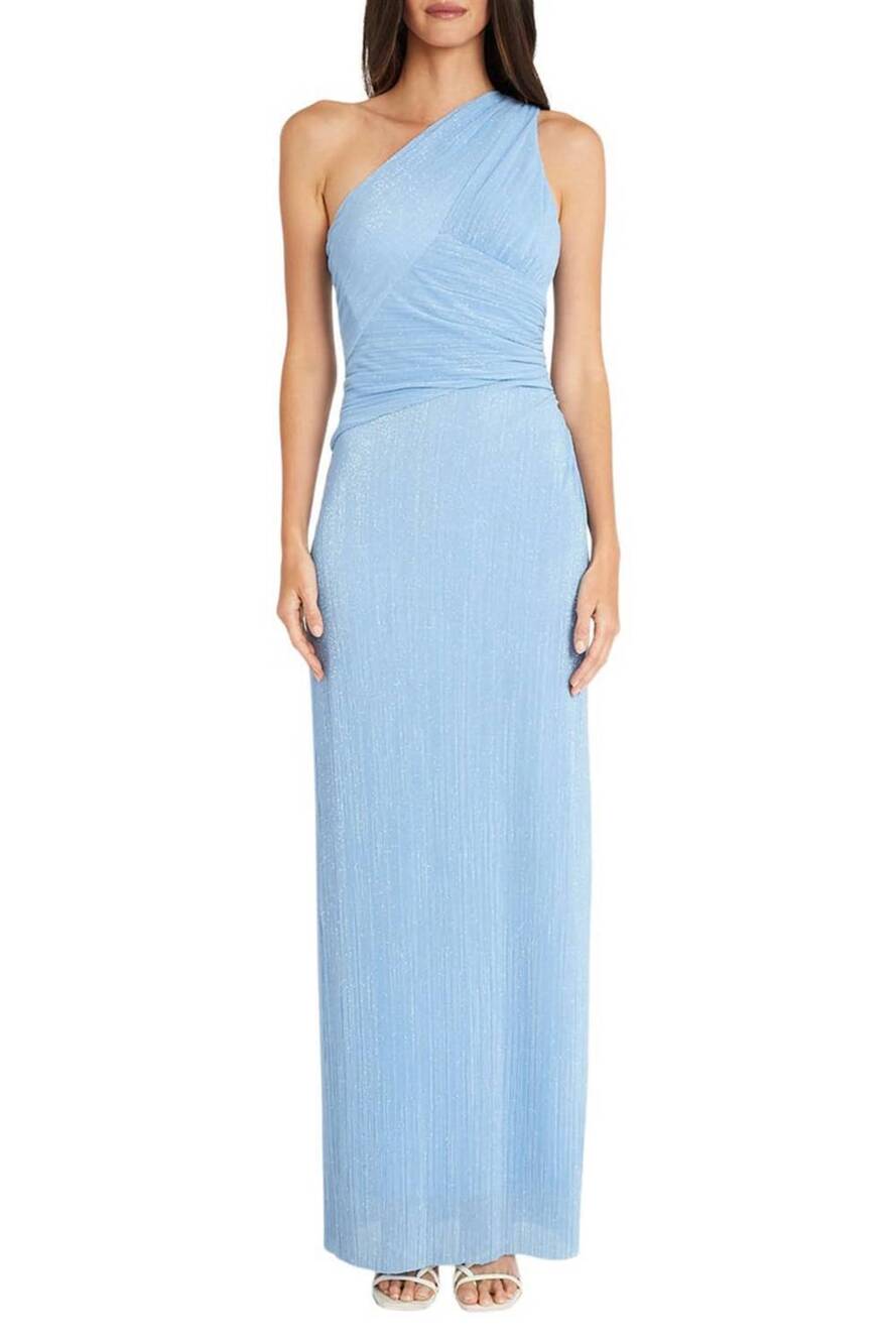 NEW MAGGY LONDON one shoulder metallic evening dress in vibrant perry